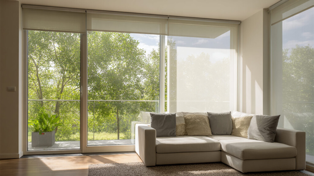 Moderne woonkamer met veel daglicht en anti-glare raamcoating die schittering op glas vermindert.
