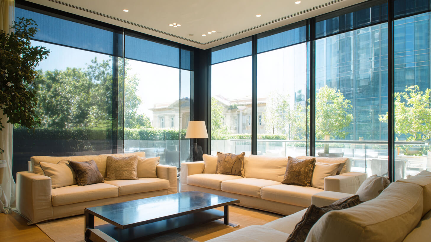 Woonruimte met grote glaspartijen voorzien van anti-glare raamcoating voor minder reflecties en meer lichtcomfort.