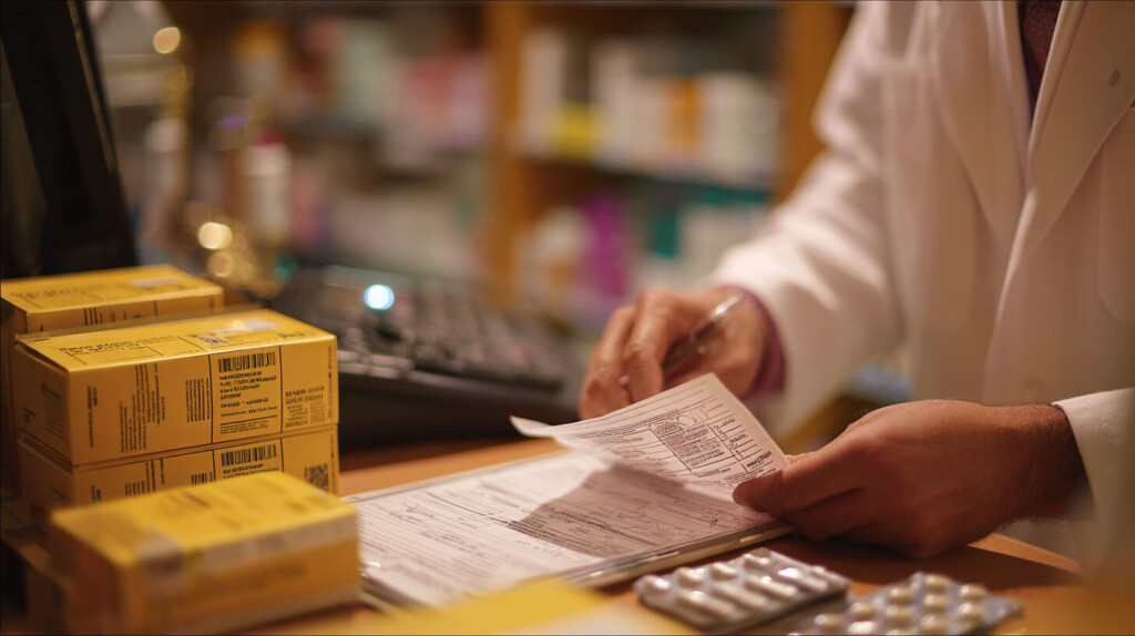Apotheker controleert voorschrift voor receptplicht geneesmiddelen vóór verstrekking.