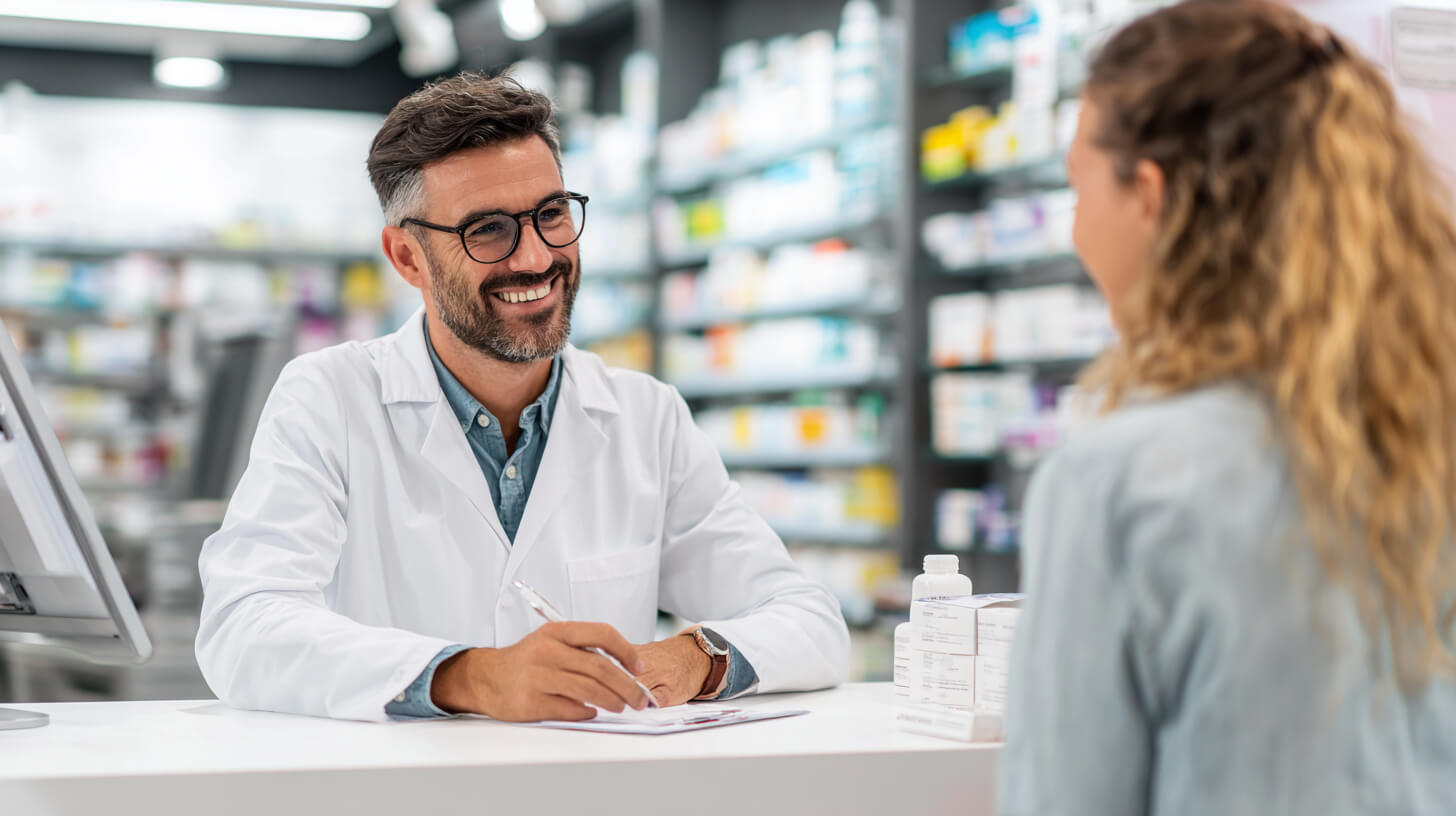 Adviesgesprek in de apotheek over veilig gebruik van receptplicht geneesmiddelen.