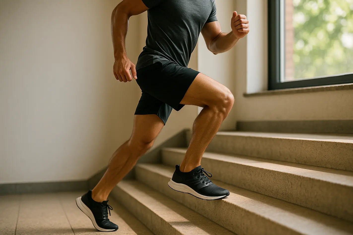 Fit persoon klimt moeiteloos trappen op met energie