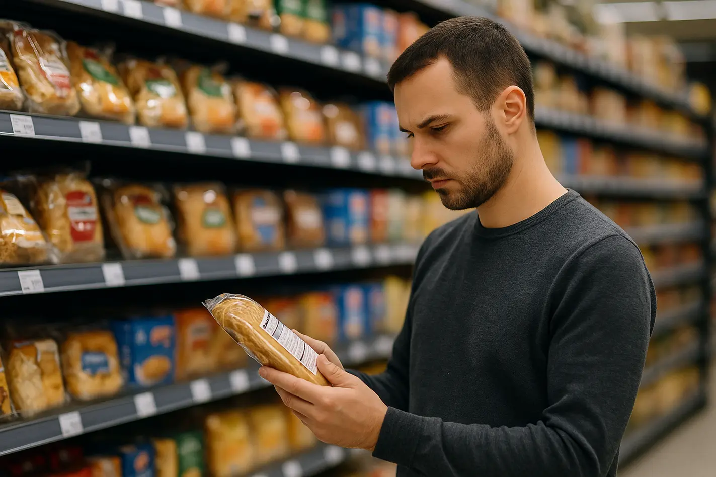 Klant leest label op product, betekenis krimpflatie duidelijk zichtbaar