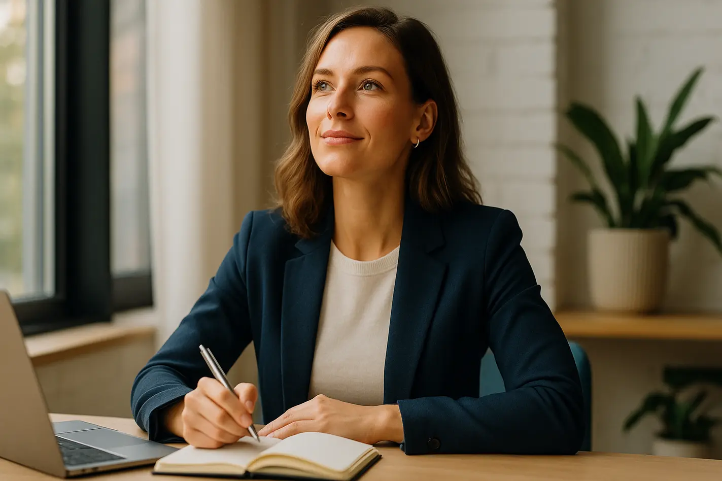Zelfverzekerde persoon in modern kantoor werkt aan persoonlijke groei met confidence coach