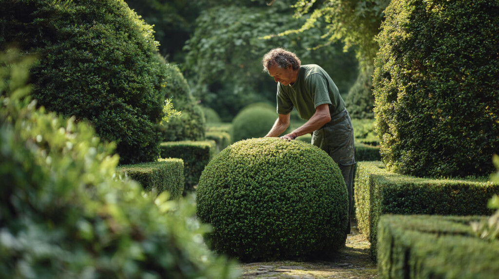 Tuinier past vormsnoei toe op een strak gesnoeide bolvormige struik in een formele tuin