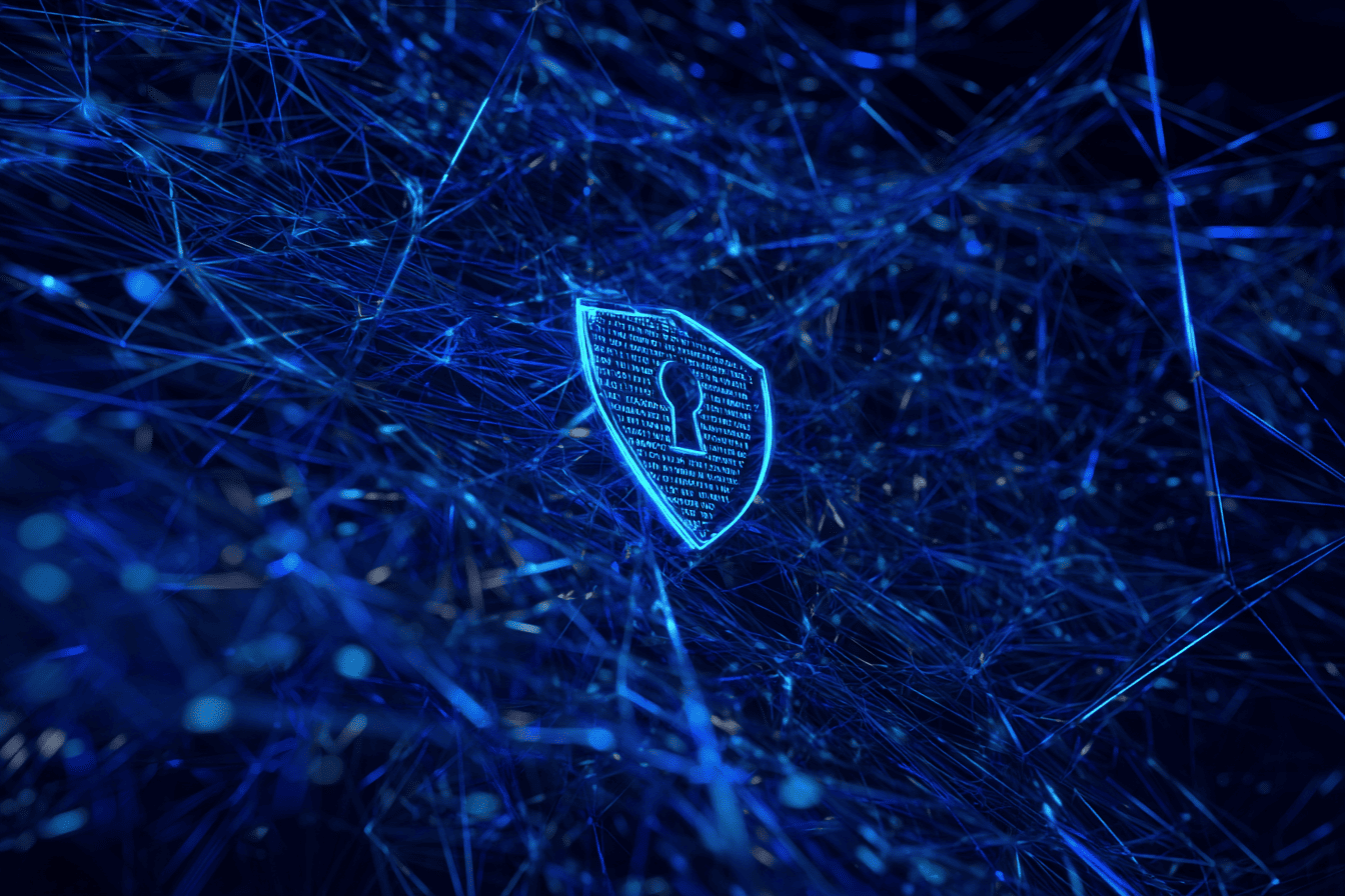 Afbeelding van een abstract netwerk met data-lijnen en een slot of schild (cybersecurity-achtig).