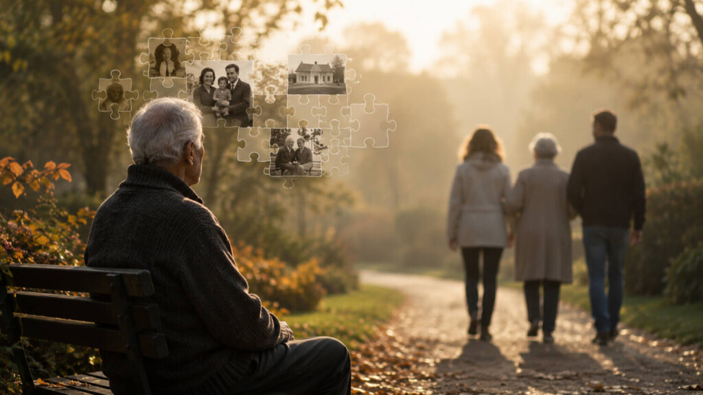 Oudere man denkt na over herinneringen en familie tijdens wandeling, passend bij vormen van dementie