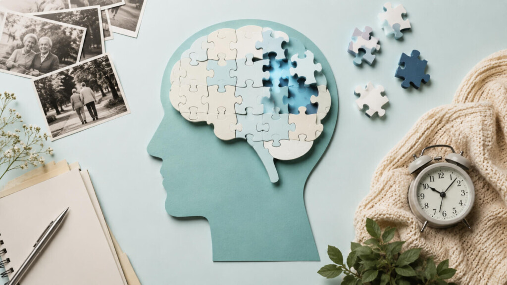 Illustratie van brein met puzzelstukken laat geheugenverlies zien bij vormen van dementie