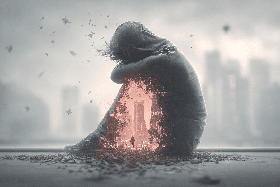 depressief persoon met faalangst in grote stad