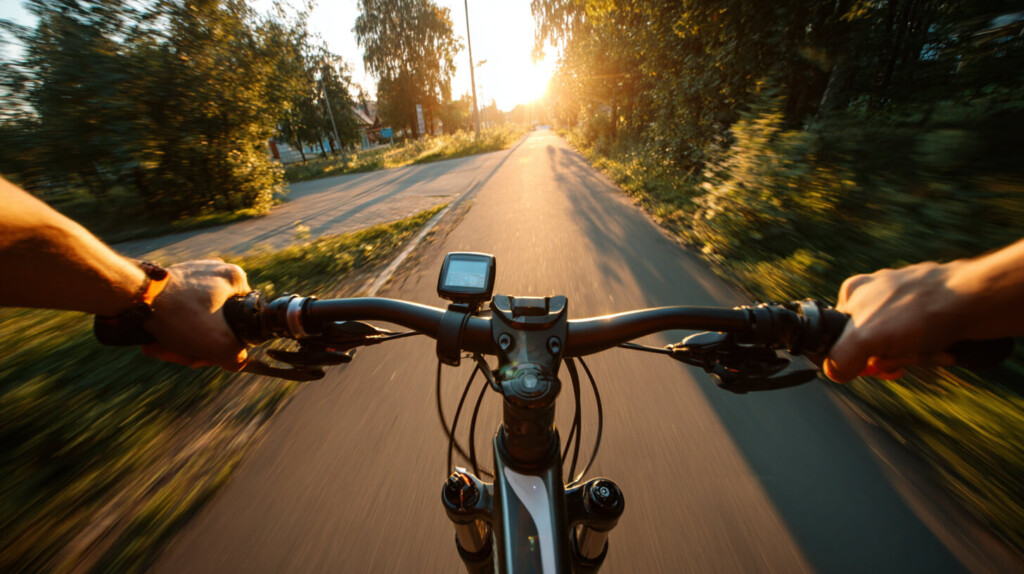 Uitzicht vanaf een e-bike tijdens een rit, waarbij actieradius bij e-bikes afhangt van snelheid en route