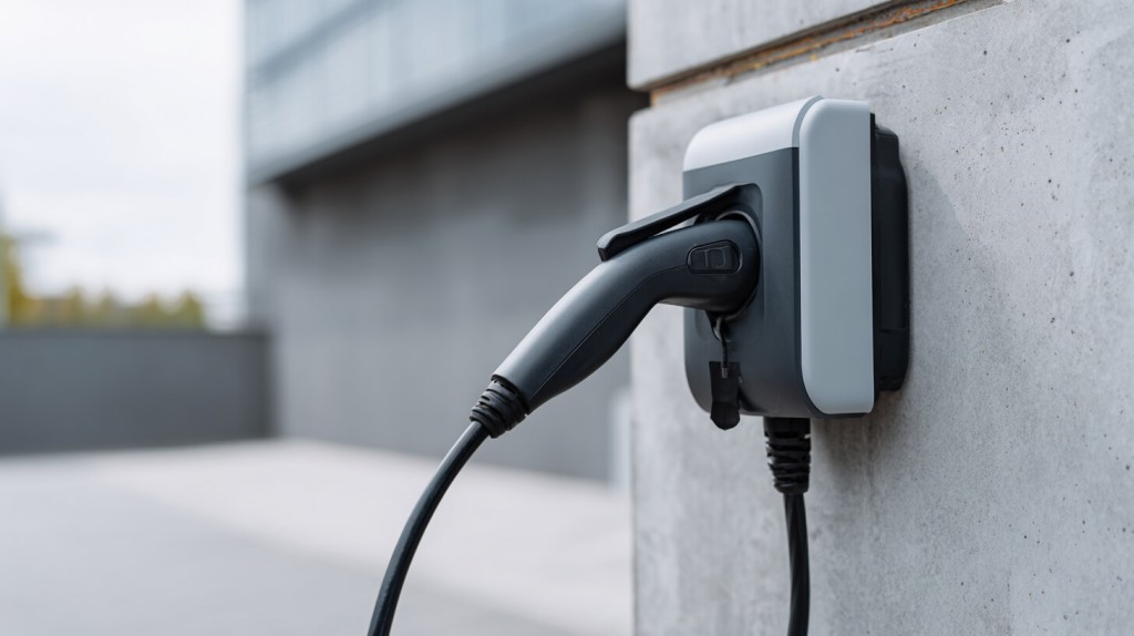 Close-up van een laadkabel die is aangesloten op een wandladers voor elektrische auto's