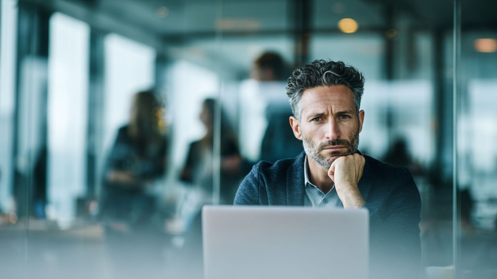 Man met zelftwijfel kijkt gespannen naar zijn laptopscherm op kantoor, terwijl collega's op de achtergrond zeker overkomen