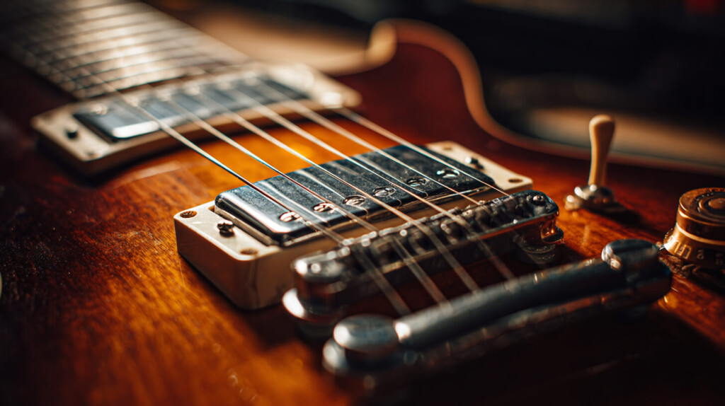 Detailfoto van een elektrische gitaar met single coil pickups en zichtbare snaren.