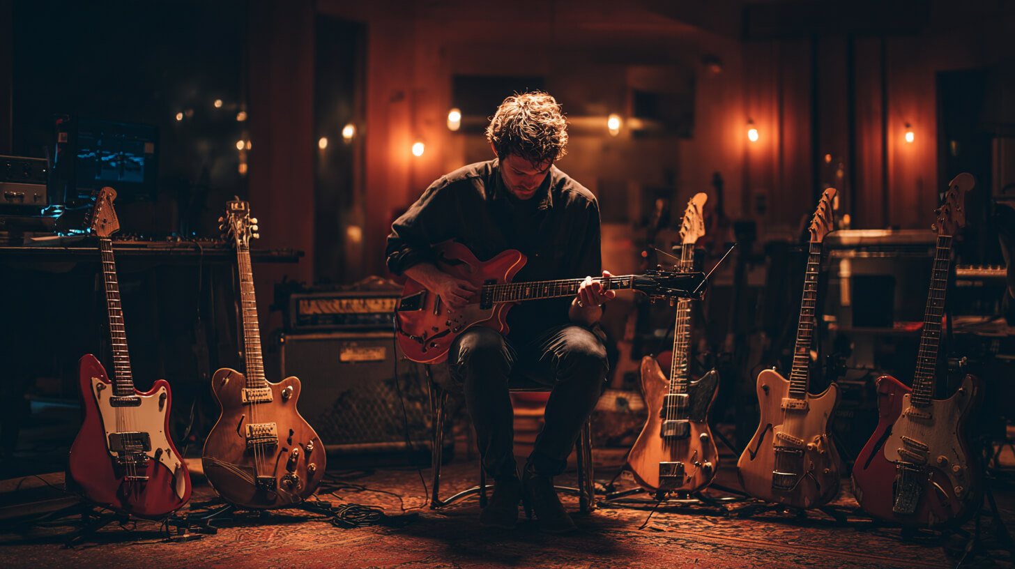 Gitarist test verschillende gitaren om het verschil tussen single coil pickups en humbuckers te ervaren.