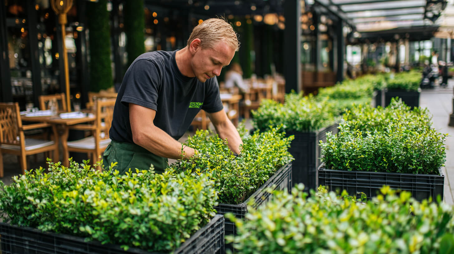 Medewerker selecteert onderhoudsvriendelijke hagen voor toepassing in vormsnoei en tuinontwerp