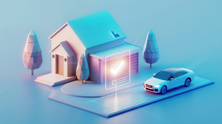 3D-illustratie van een woning, een auto en een goedgekeurd digitaal huurcontract met een vinkje.