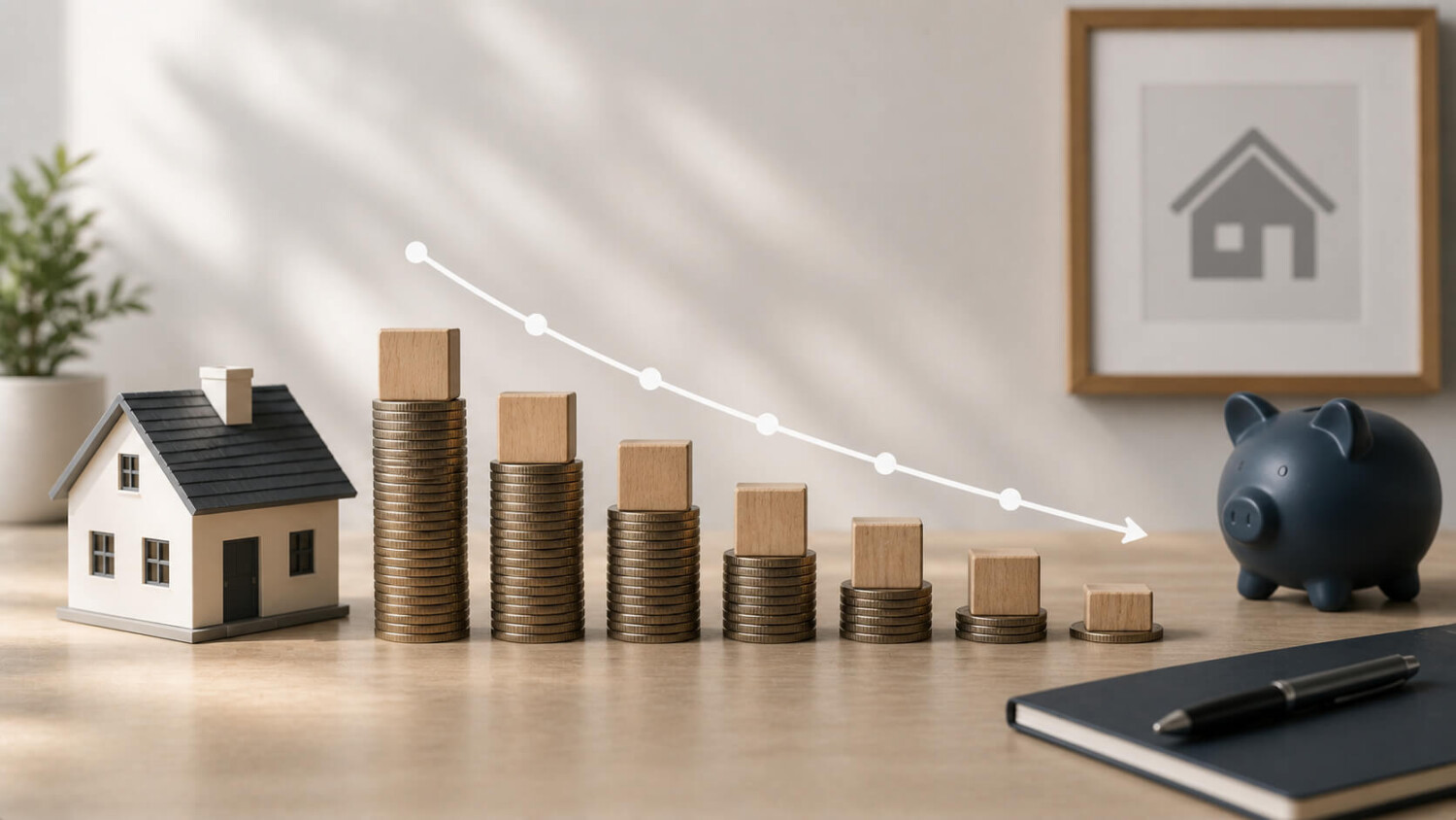 Dalende stapel munten met huis en spaarpot die afbouw van een lineaire hypotheek visualiseert
