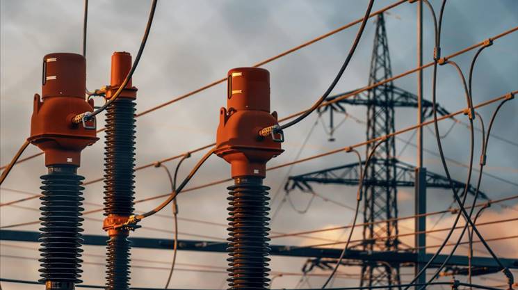 Hoogspanningsinstallatie met stroomleidingen en transformatoren tijdens zonsondergang