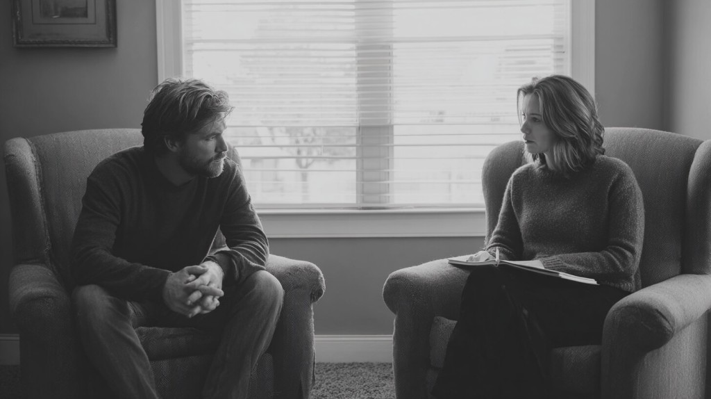 Man en vrouw zitten tegenover elkaar tijdens een coachingsgesprek bij een raam, zij luistert met een notitieblok op schoot