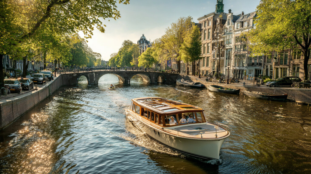Sloep met passagiers vaart door Amsterdamse gracht tijdens recreatief gebruik tussen bruggen en grachtenpanden.