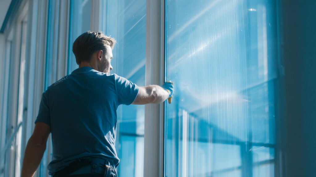 Specialist brengt anti-glare raamcoating aan op glas voor een gelijkmatigere lichtverdeling en rustiger zicht.