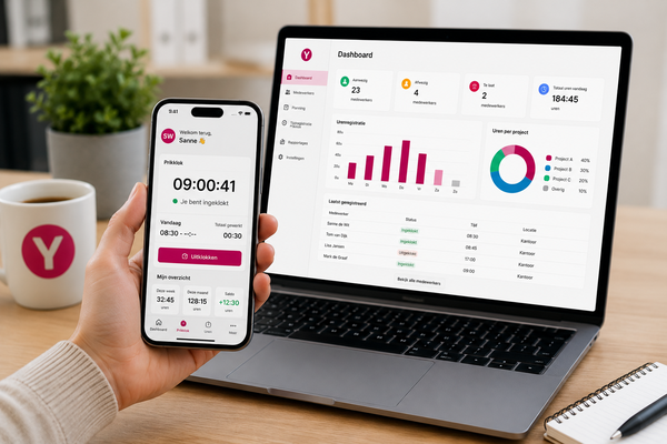 Medewerker gebruikt digitale prikklok-app op smartphone terwijl urenregistratie en personeelsplanning zichtbaar zijn op een laptop