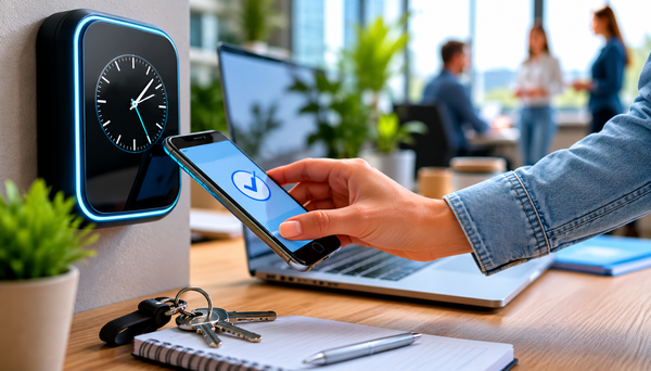 Medewerker klokt digitaal in met smartphone bij moderne prikklok voor urenregistratie op kantoor