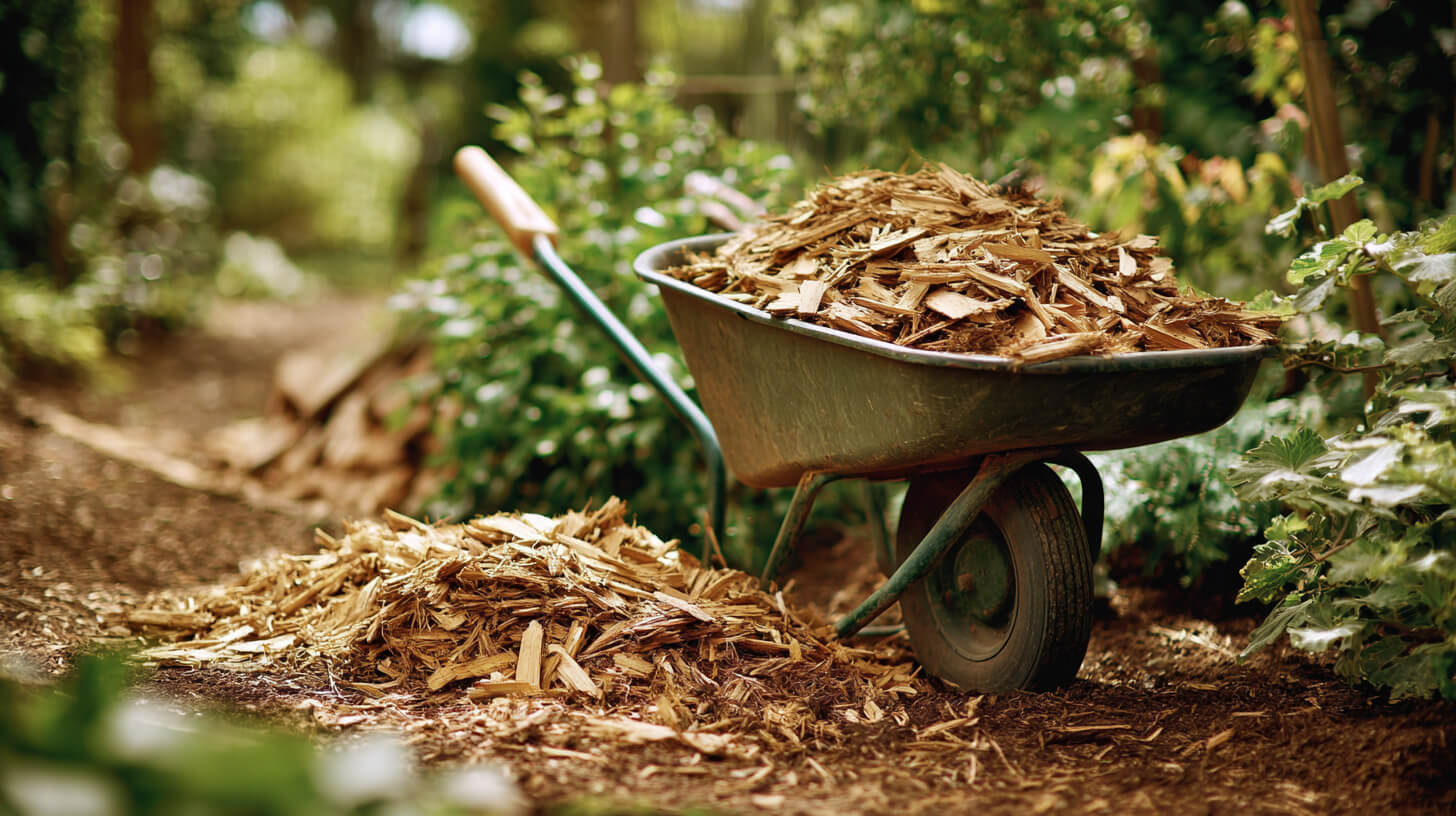 Kruiwagen met houtsnippers naast een mulchlaag in de tuin