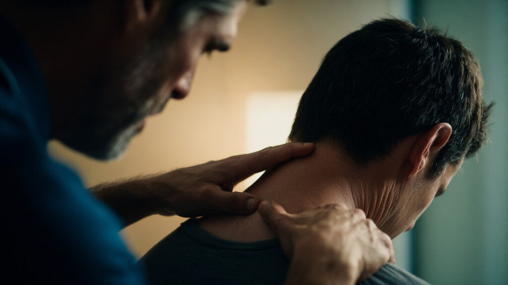 Therapeut onderzoekt de nek van een patiënt en laat de betekenis van osteopathie in de praktijk zien.