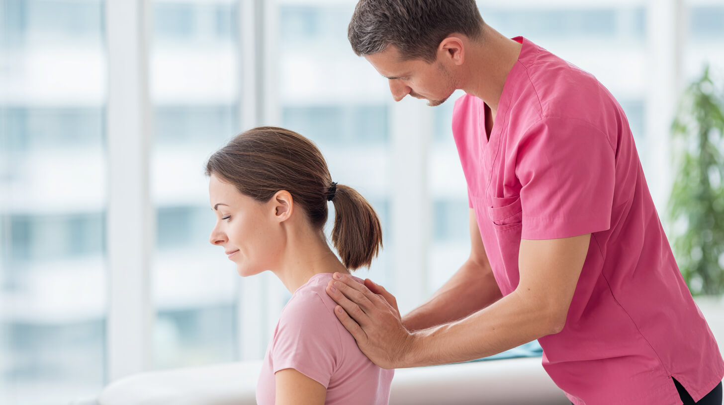 Behandelaar controleert schouder en houding tijdens een sessie gericht op de betekenis van osteopathie.