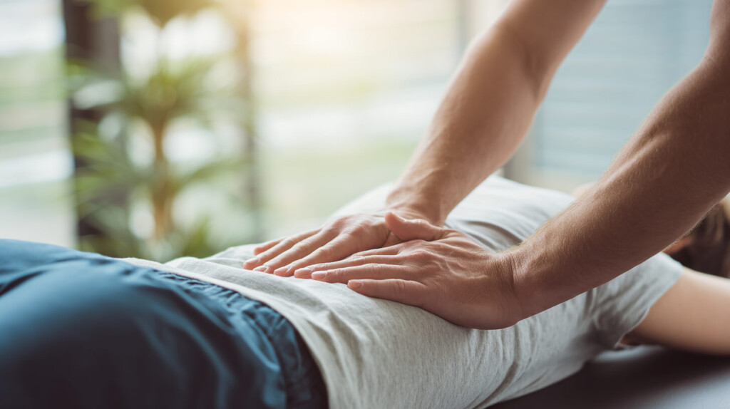 Behandeling van de onderrug tijdens een consult over de betekenis van osteopathie en lichaamsbeweging.