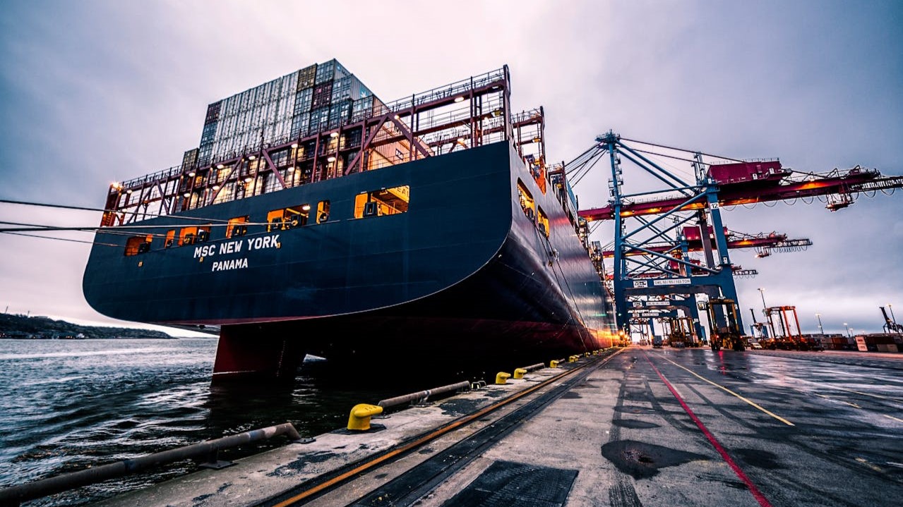 Containeroverslag bij een terminal met MSC New York schip en kranen in actie bij schemerlicht