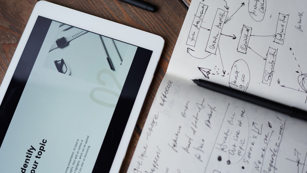 Validatieproces uitgetekend in een notitieboek naast een tablet met een presentatieslide over contentstrategie.