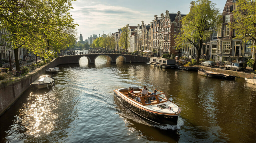 Moderne sloep op Amsterdamse gracht toont recreatief gebruik in een stedelijke wateromgeving.