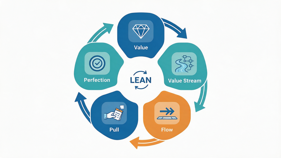Een visualisatie van de Lean-methode, met de stappen "Value", "Value Stream", "Flow", "Pull" en "Perfection".