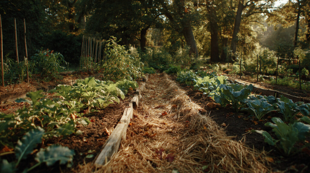 Moestuinpad bedekt met een mulchlaag van stro tussen de groentebedden
