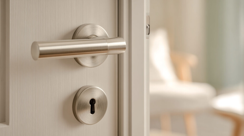 Deur met modern slot en anti-inbraakstrip voor betere beveiliging van de woning.