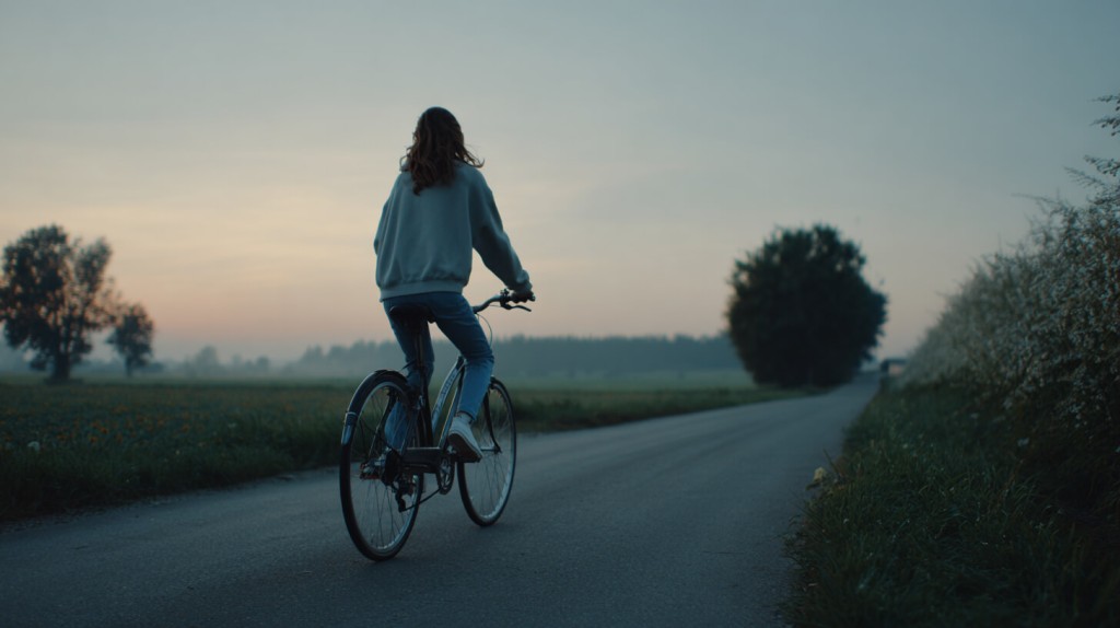 Vrouw fietst bij avondschemering over een rustige landweg, een rustige vorm van bewegen die bijdraagt aan een goede fitheid.