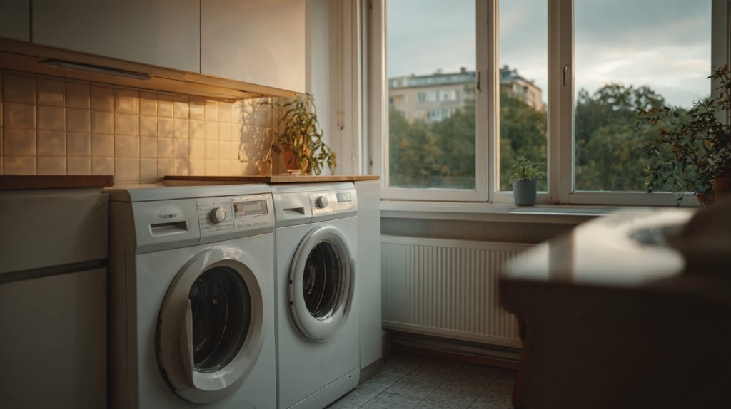 Wasmachine en droger naast elkaar in een lichte wasruimte, met zicht op een radiator en raam op de achtergrond