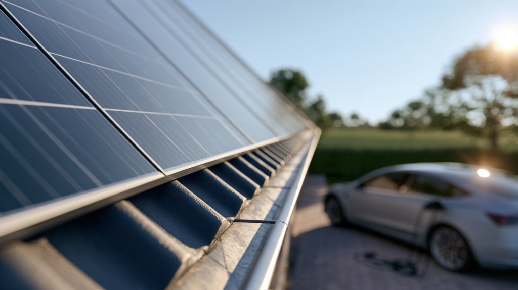 Zonnepanelen op een schuin dak met op de achtergrond een elektrische auto die buiten aan de laadkabel staat te opladen